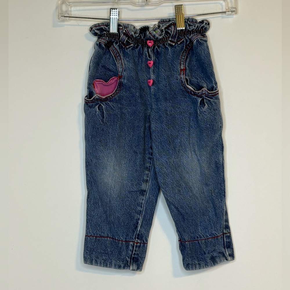 Vintage  Bonjour Girls 2T Denim Pants With Pink Heart Buttons and Heart Pockets